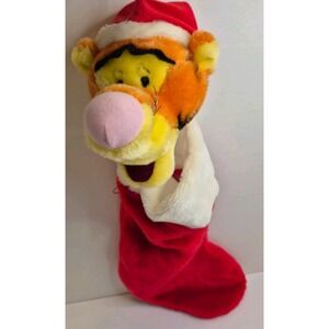 Bright Red Christmas Stocking‎ Tigger Head Santa Cap White Fur Orange Black Pink